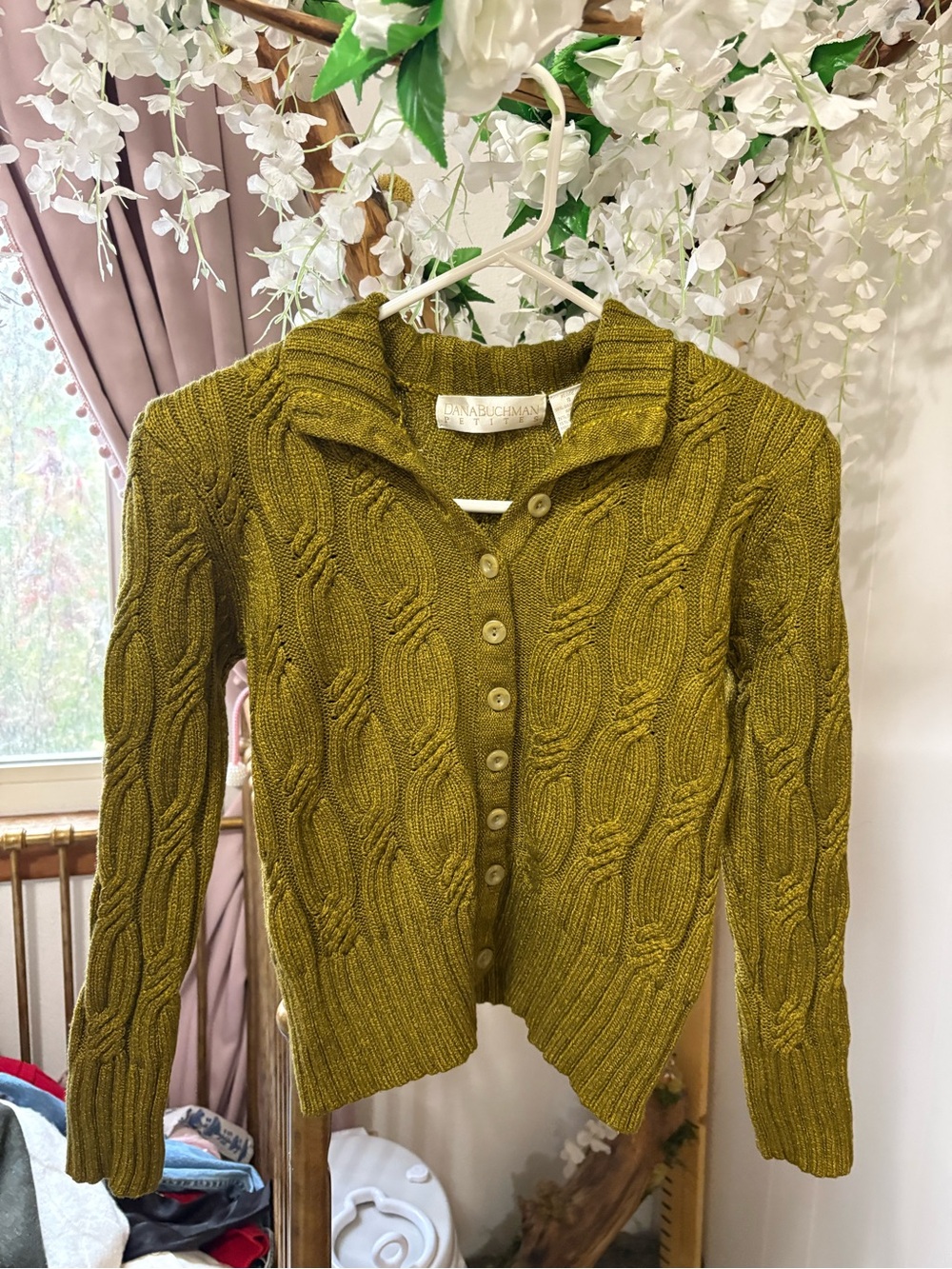 Vintage Olive Green Cable Knit Button-Front Cardigan